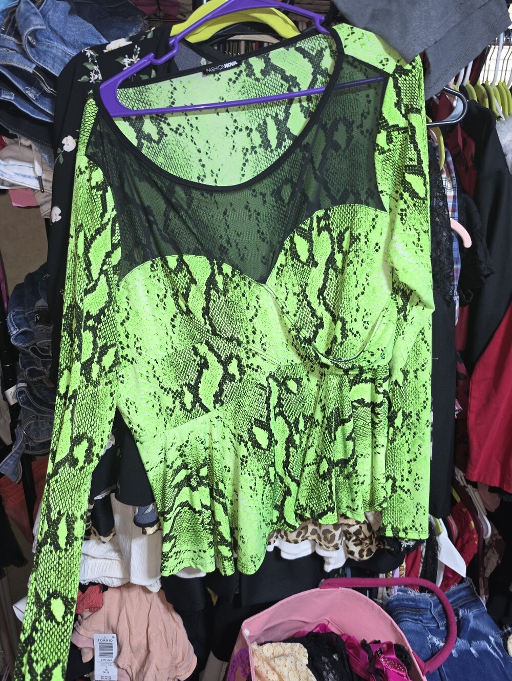 Fashion Nova Neon Green & Black Snake-Print Mesh Top 3x